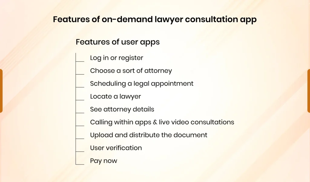 Features of on-demand lawyer consultation user app(user)
